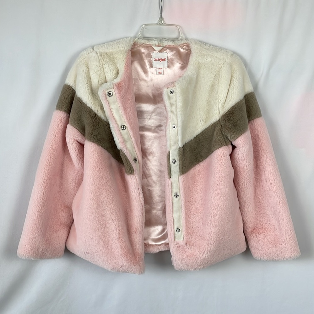 Cat & Jack Stylish Pink Taupe and Ivory Girls Faux Fur Jacket - Size Large 10/12 - Picture 3 of 10